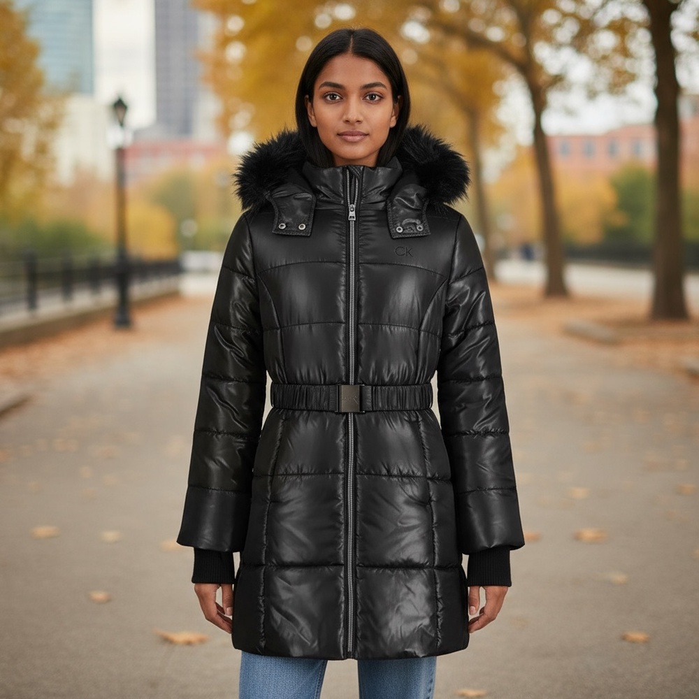 NWT Calvin‎ Klein Jeans Girls Belted Hooded Puffer Coat Parka Warm Winter
